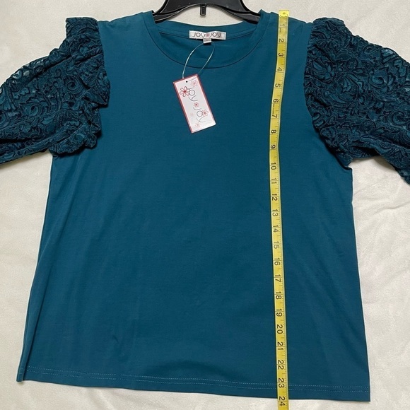 JOY JOY Women's Lace Sleeve Top-Teal Festive Size M - Picture 4 of 6